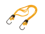 A yellow bungee cord with black hooks.