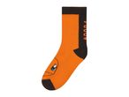 An orange and black sock with a cartoon character on it.