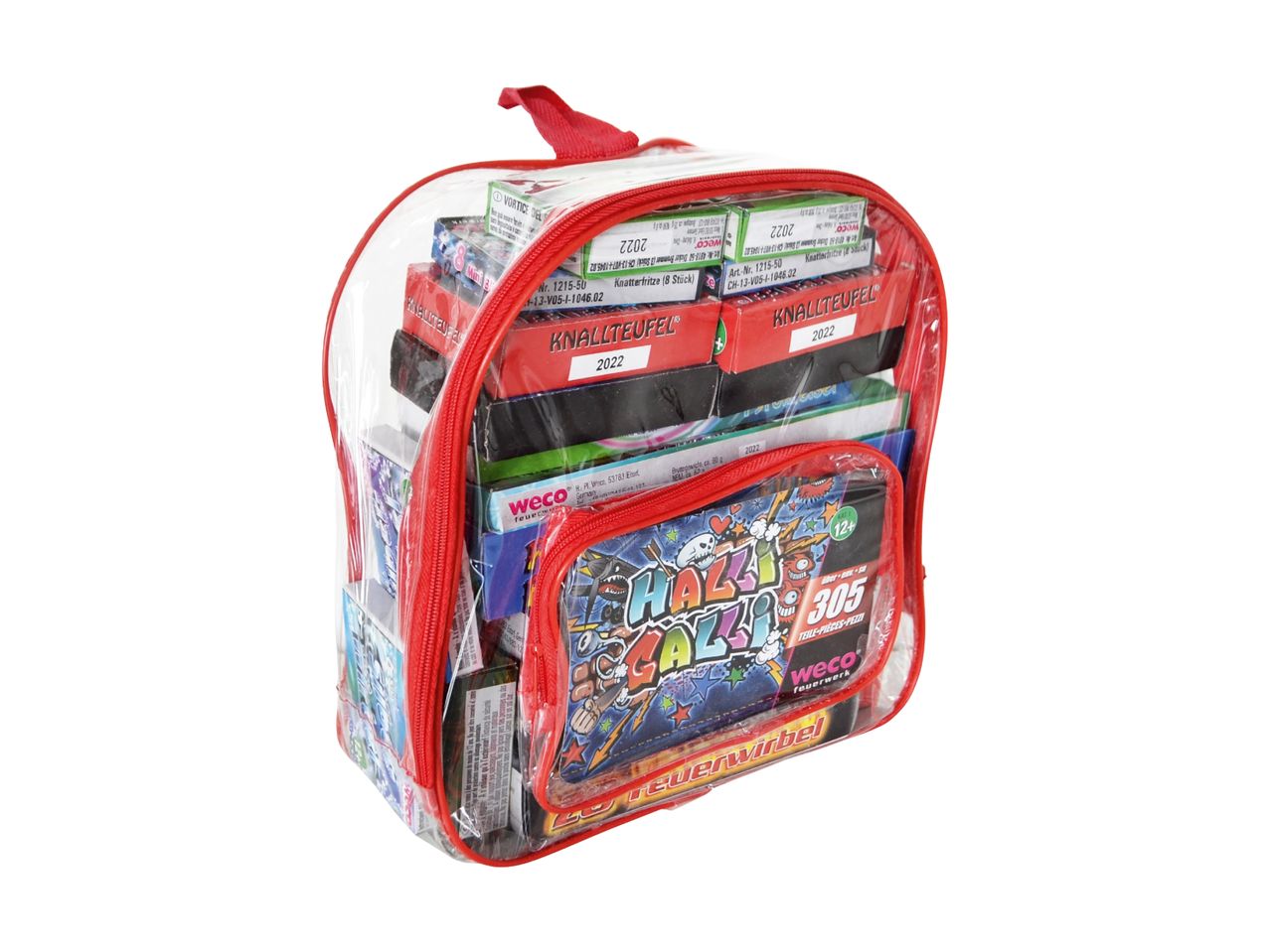 Roter transparenter Schulrucksack mit Schulbedarf und Spielen.
