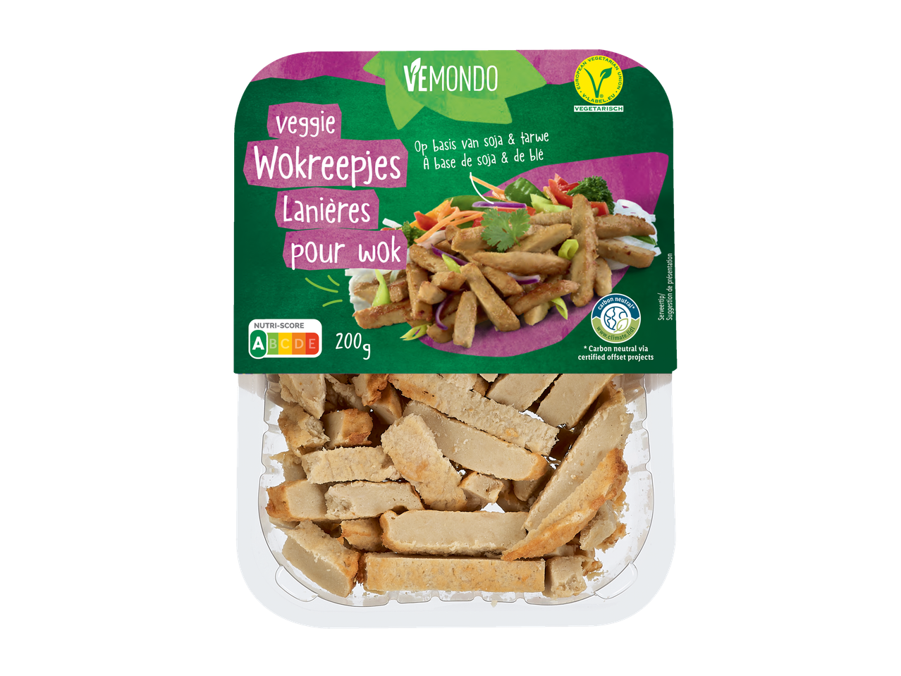 Lanières végétales Vemondo pour wok à base de soja et de blé, avec un Nutri-Score A et certification neutre en carbone.