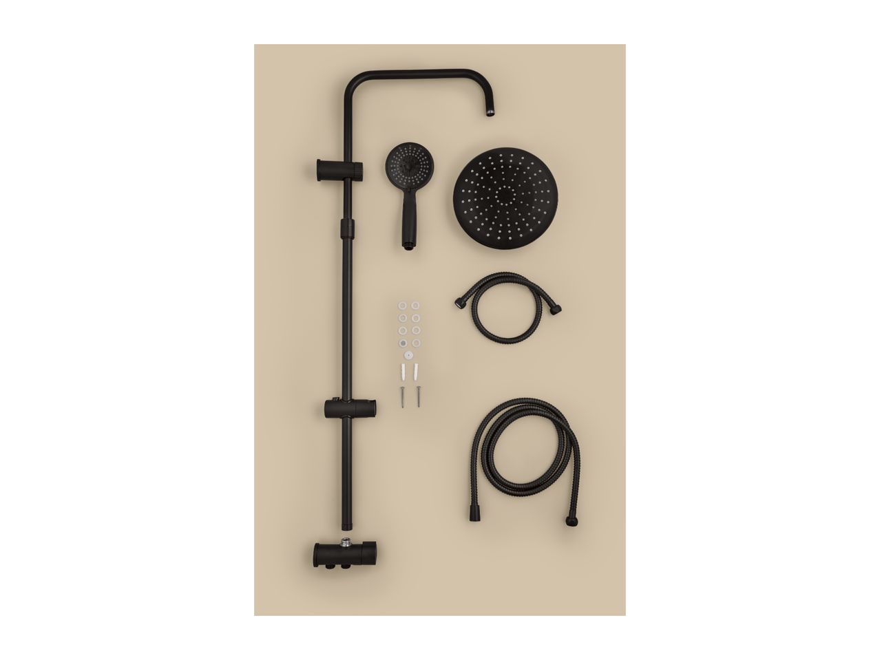 Black shower system components laid out, including a shower bar, shower heads, hoses, and mounting hardware.
