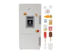 Toy refrigerator with food accessories including ice cream, fruit, and drinks.
