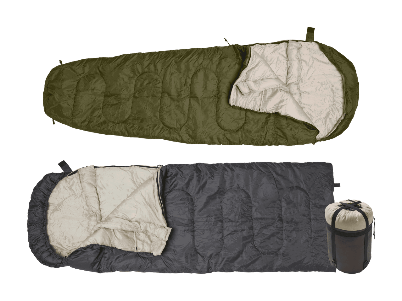Deux sacs de couchage, un vert olive et un gris, avec un sac de compression.