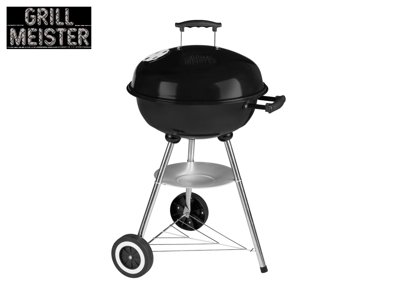 Black kettle barbecue grill with wheels and a silver ash catcher, featuring the text 'GRILL MEISTER'.