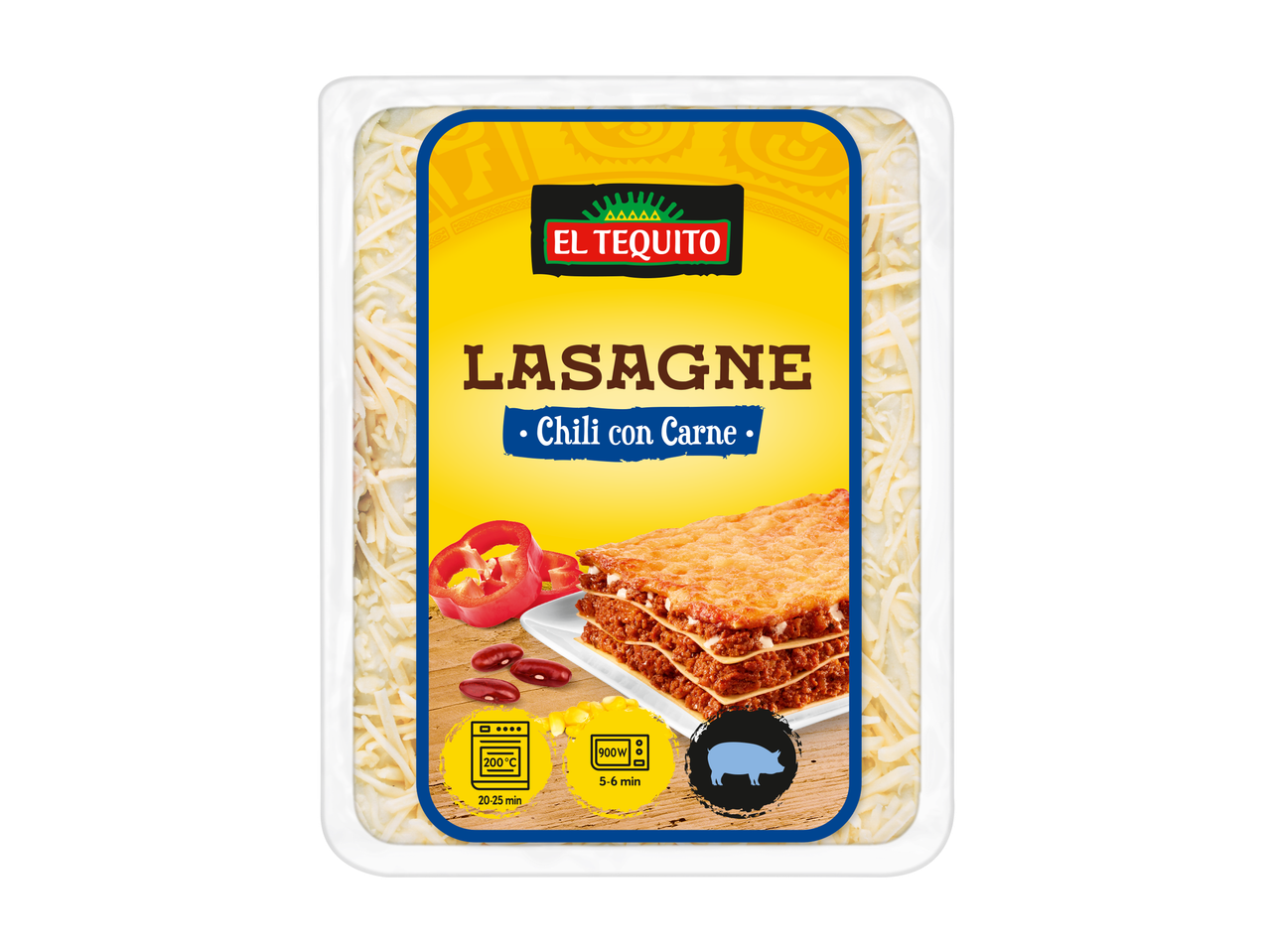 EL TEQUITO Lasanje Chili con Carne koos küpsetamisjuhiste ja sea ikooniga.