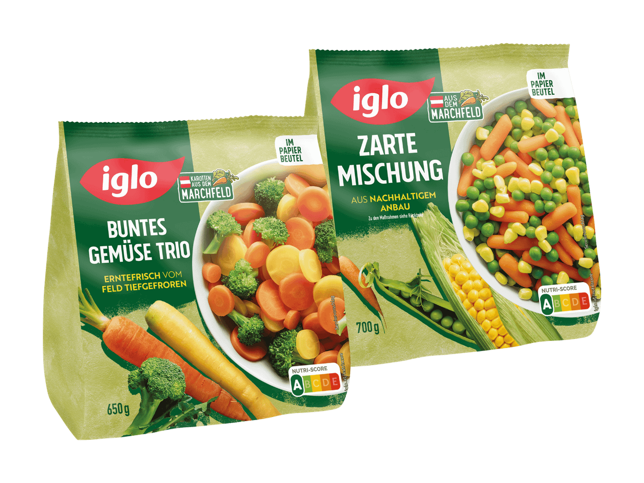 Zwei Packungen iglo Tiefkühlgemüse, eine mit 'Buntes Gemüse Trio' und die andere mit 'Zarte Mischung'.