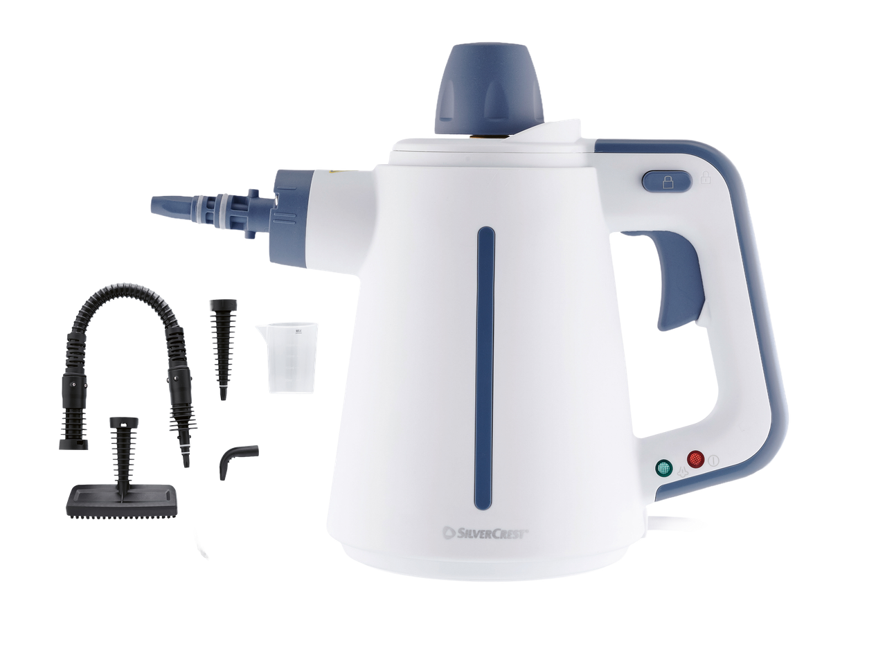 Bijeli ručni parni čistač s plavim detaljima i raznim dodacima za čišćenje.