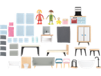 A collection of dollhouse furniture and figures, including a family, kitchen, bathroom, and bedroom items.