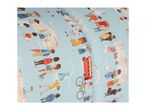 Light blue fabric with a cartoon London cityscape pattern, featuring people, buses, and landmarks.