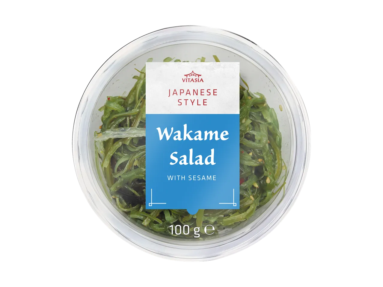 Wakame salad with sesame, Japanese style, in a clear plastic container, 100g.