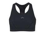 Black women's sports bra with a racerback design and a small grey logo on the front.