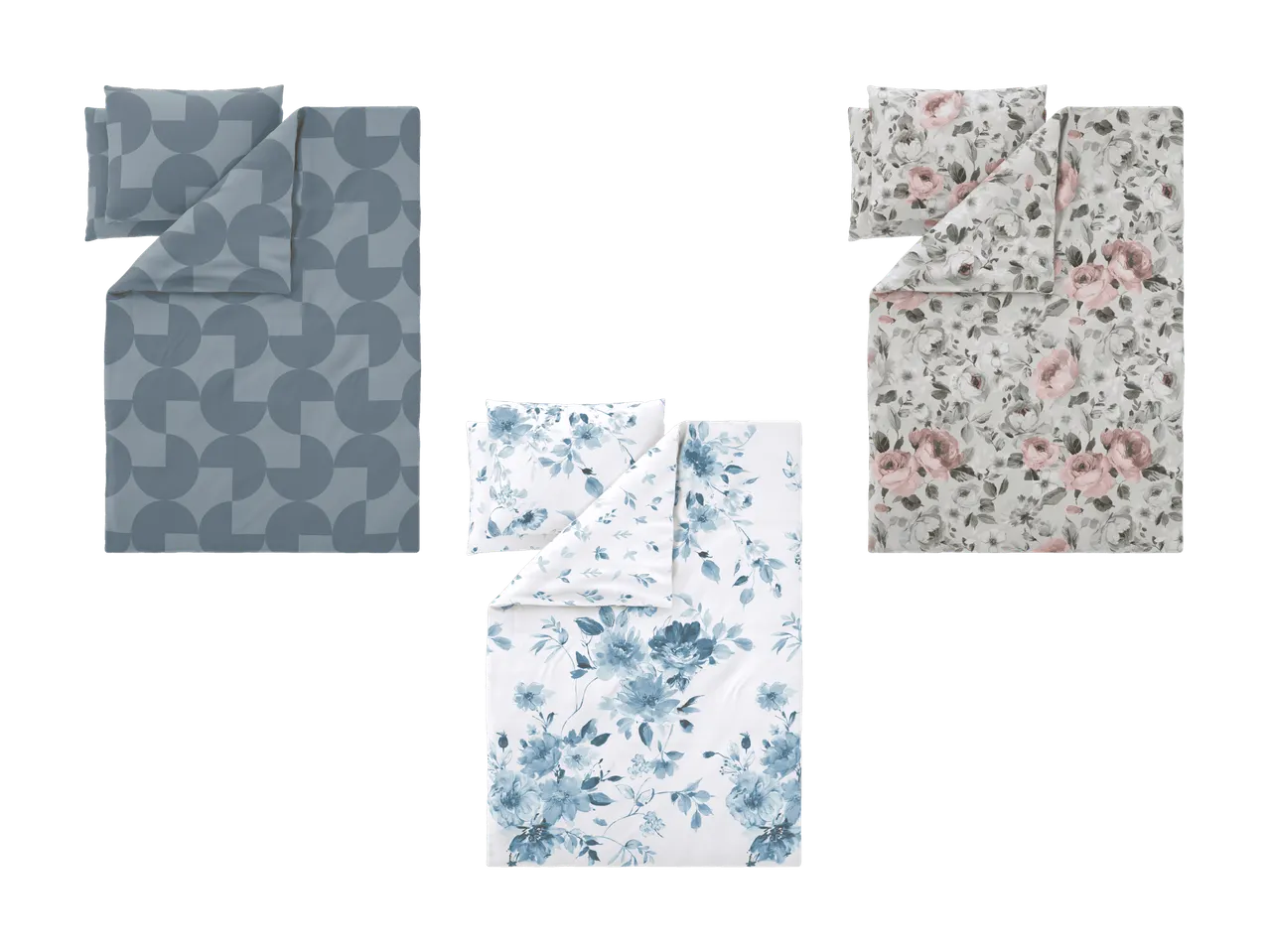 Trois parures de lit : une grise à motifs géométriques, une blanche à fleurs bleues et une blanche à fleurs roses.