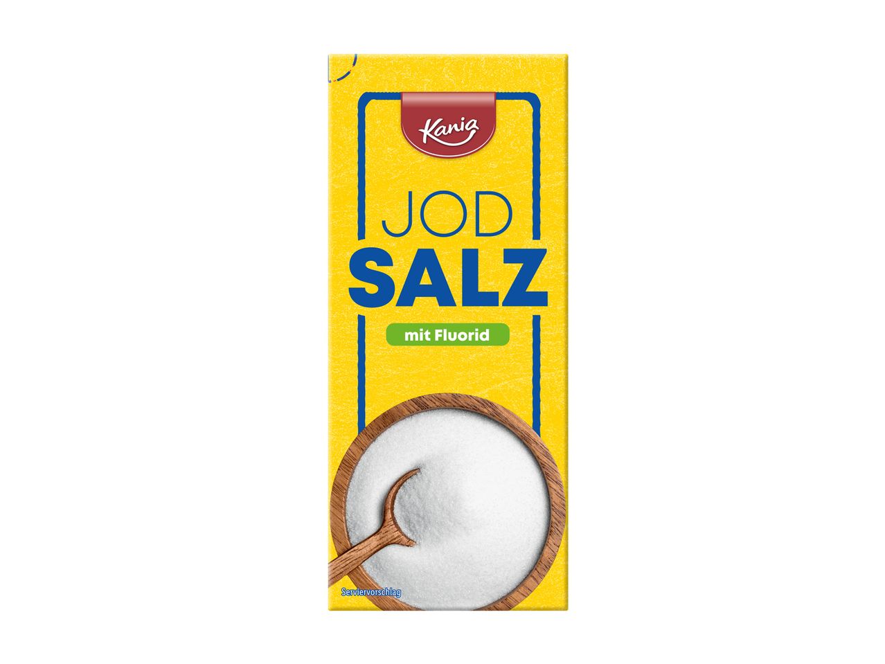 Jodsalz mit Fluorid in gelber Verpackung, mit einer Schale Salz und Holzlöffel.