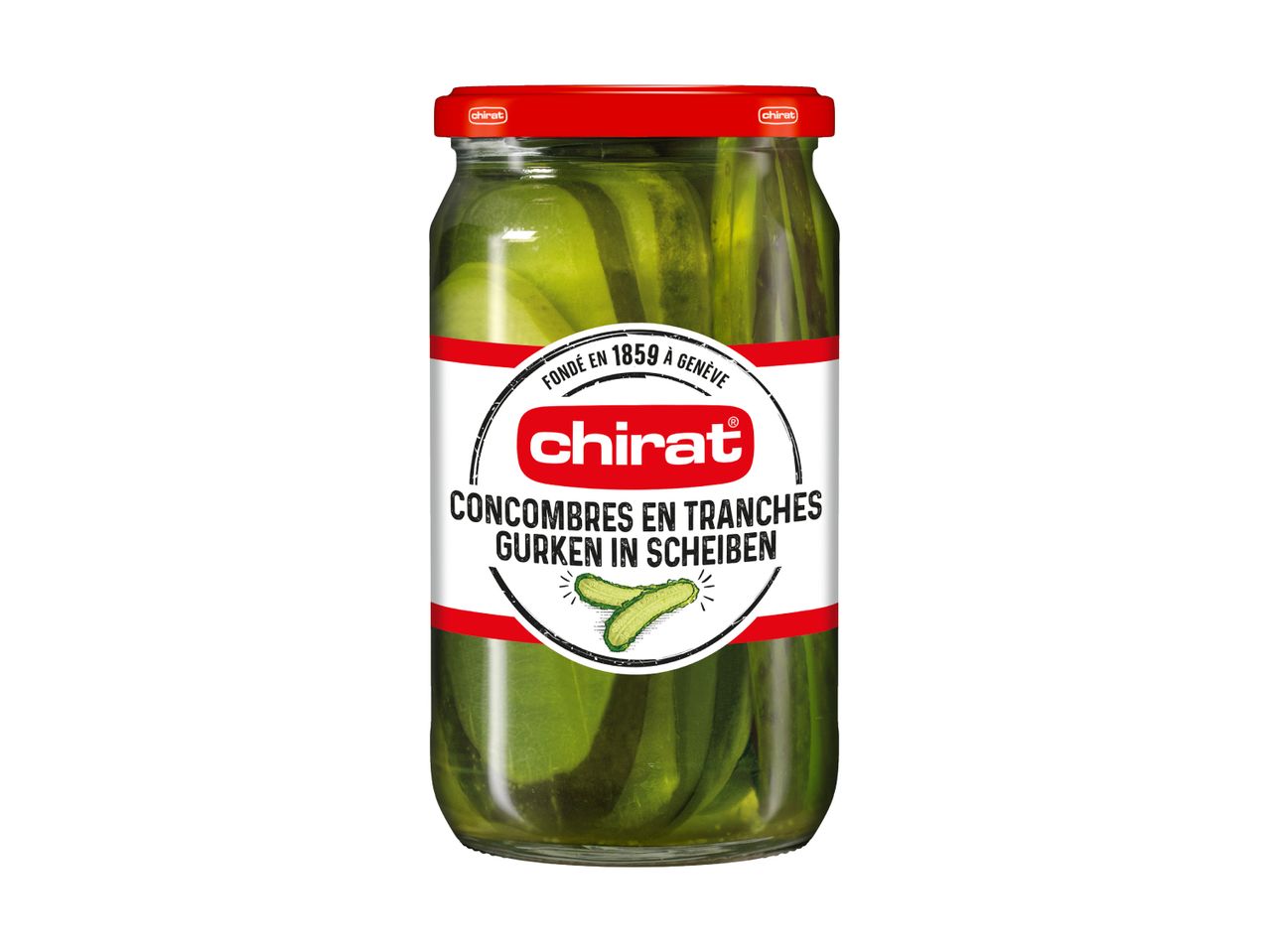 Ein Glas Chirat-Gurken in Essig.