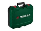 Green toolbox with a black handle and red latches, featuring a white logo on the front.