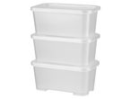 Tre contenitori di plastica trasparenti impilati verticalmente con coperchi bianchi.