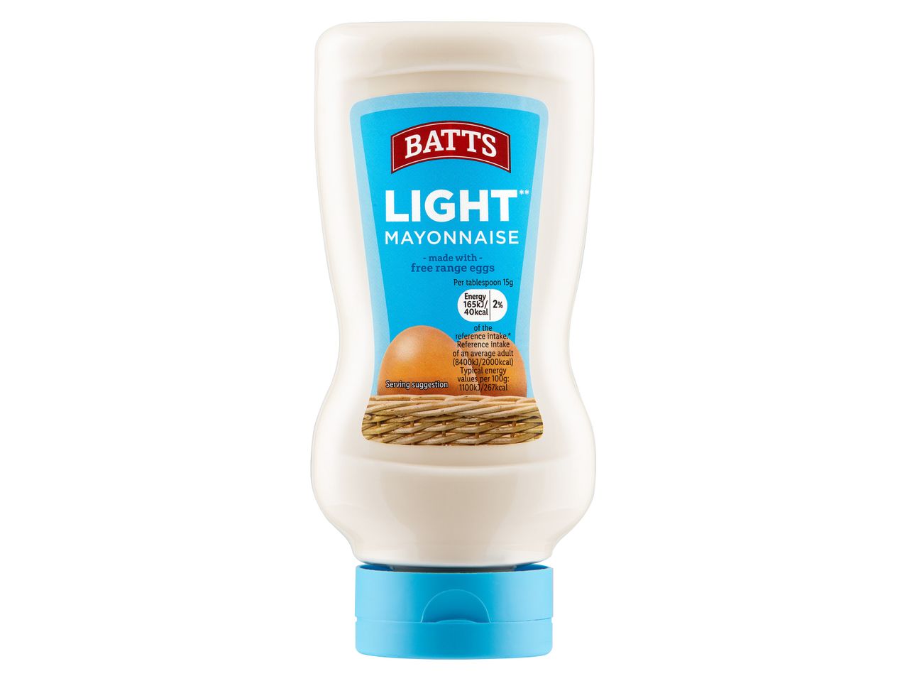 Light mayonnaise in a white squeeze bottle with a blue label, featuring an egg in a basket.