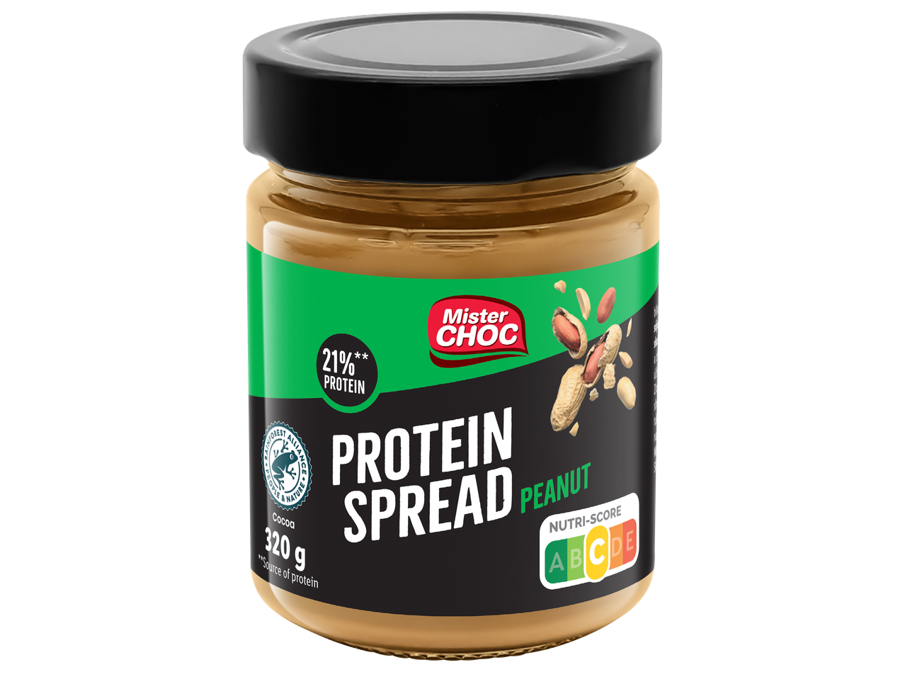 Буркан с фъстъчен протеинов спред с 21% протеин и Nutri-Score B.