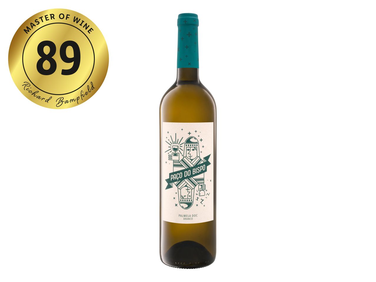 A bottle of Paço do Bispo white wine with a gold medal rating of 89.