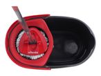 Red spin mop and black bucket, top-down view.