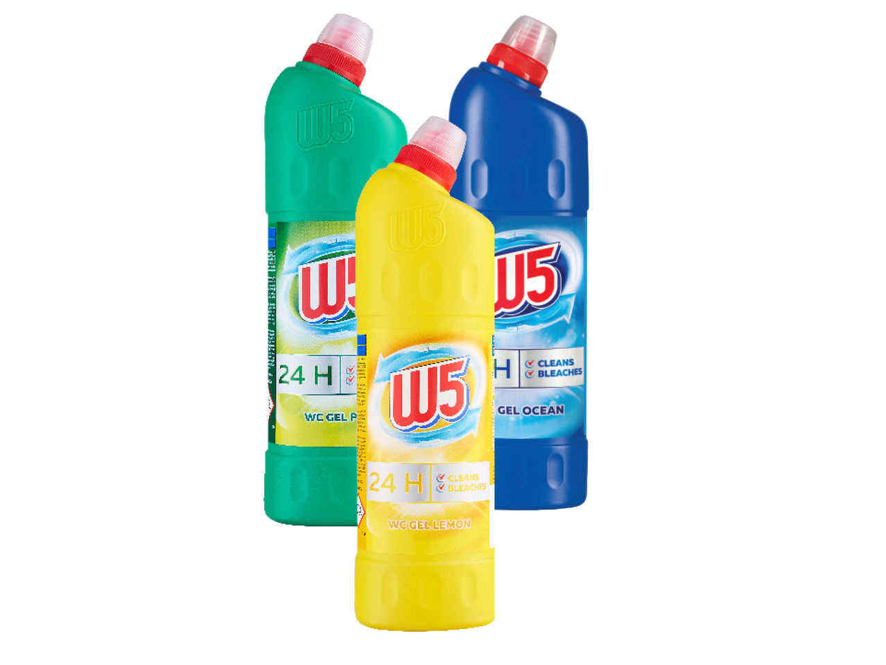 Trīs W5 tualetes tīrīšanas želejas pudeles: dzeltena ar citronu, zila ar okeāna smaržu un zaļa.