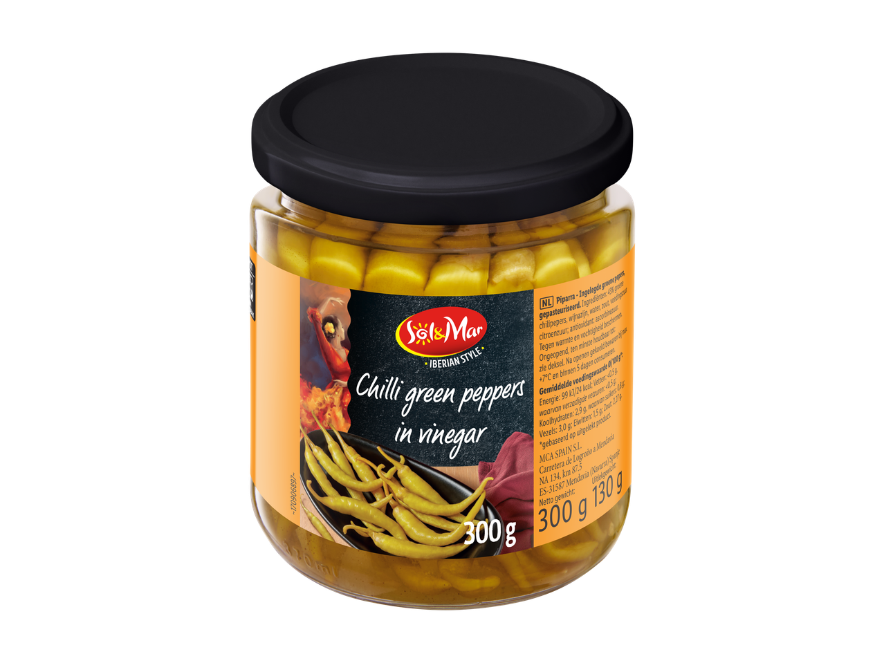 Sol&Mar groene chilipepers in azijn, pot van 300g.
