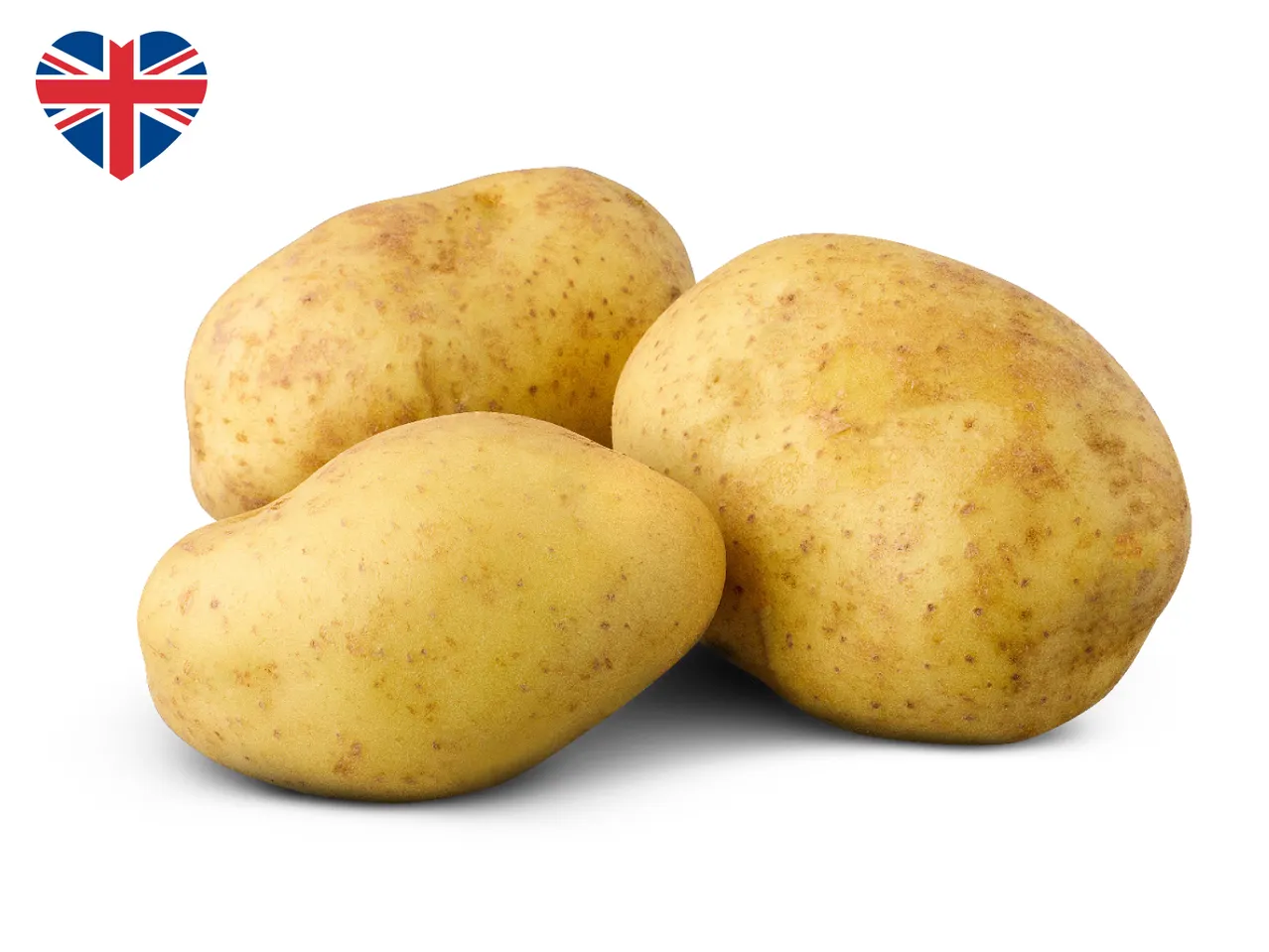 Three potatoes with a heart-shaped Union Jack flag in the corner.