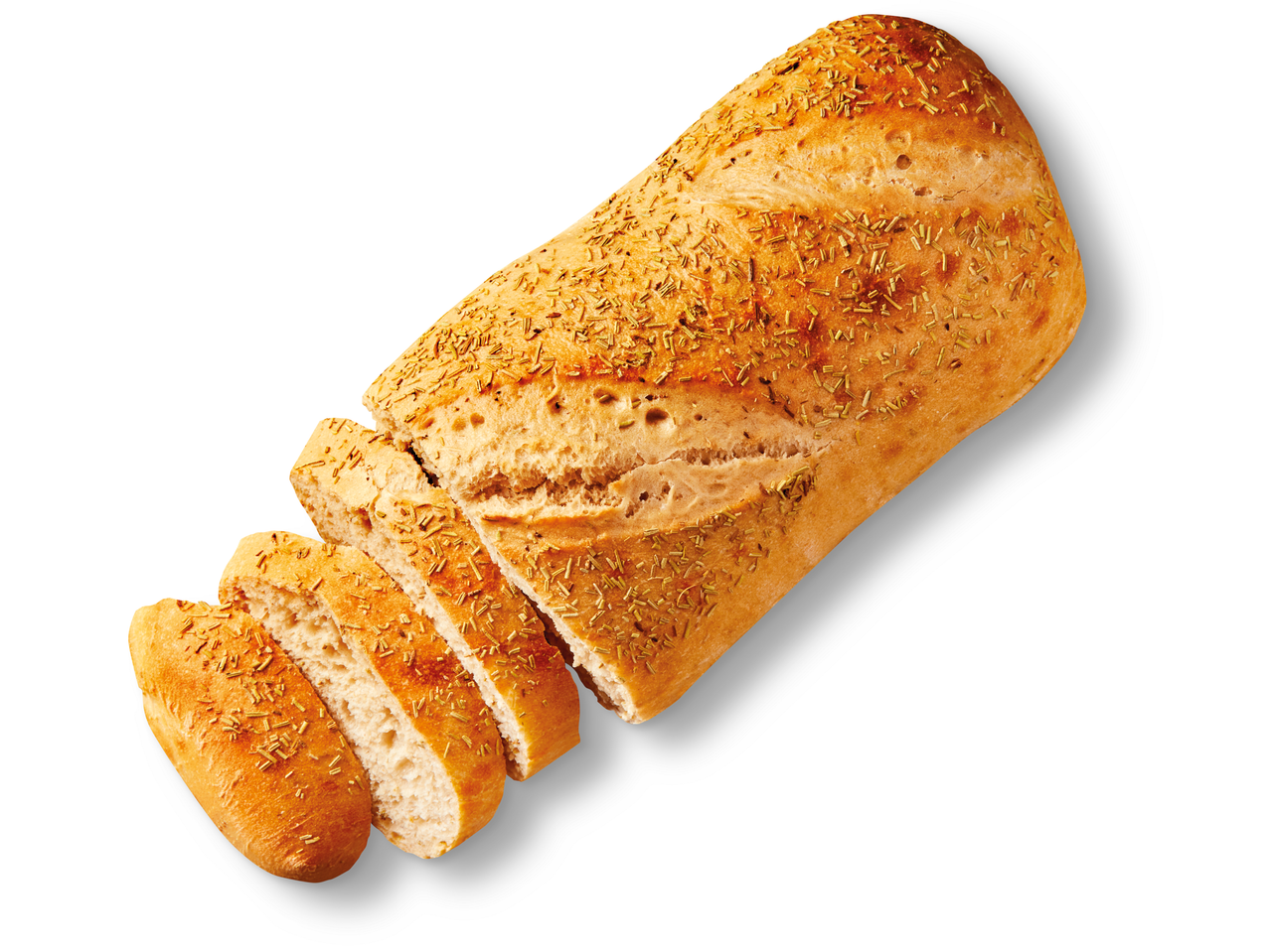 Rosmarinkuchenbrot, in vier Scheiben geschnitten.