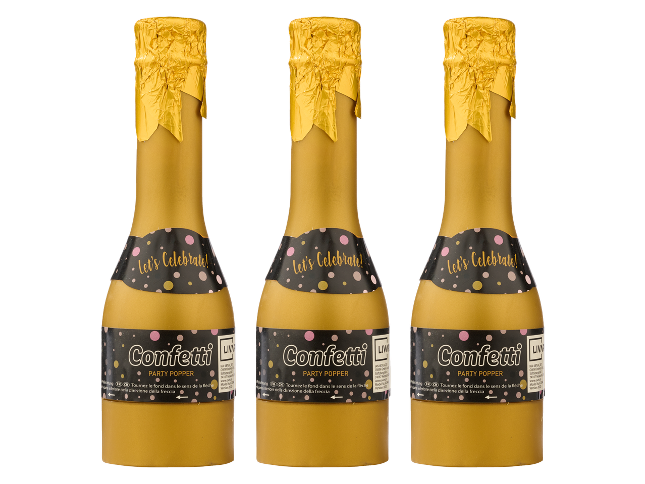 Kolme kuldse Livarno peopommi komplekt tekstiga „Let's Celebrate!“