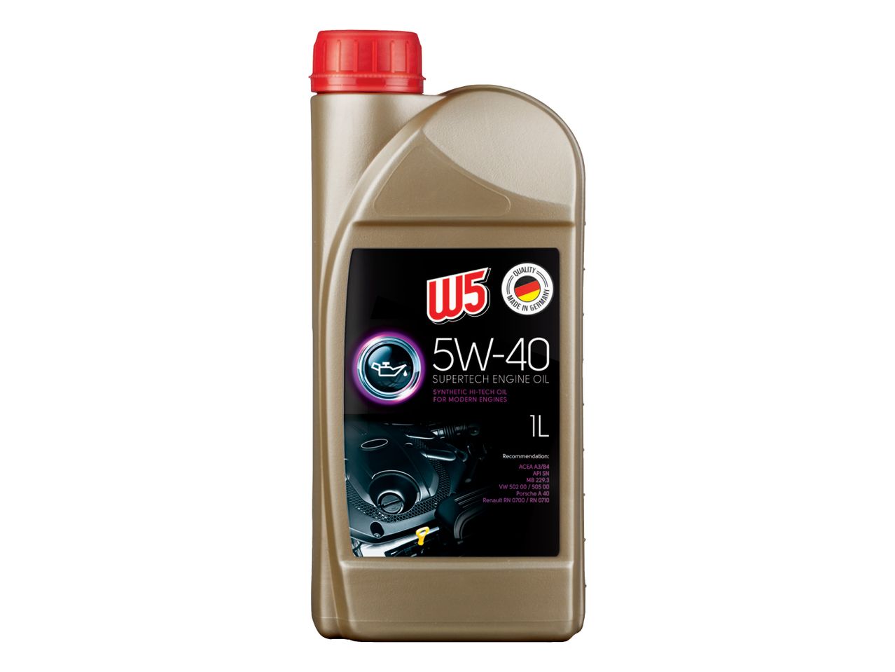 Steklenica motornega olja W5 5W-40 Supertech, sintetično visokotehnološko olje za sodobne motorje.