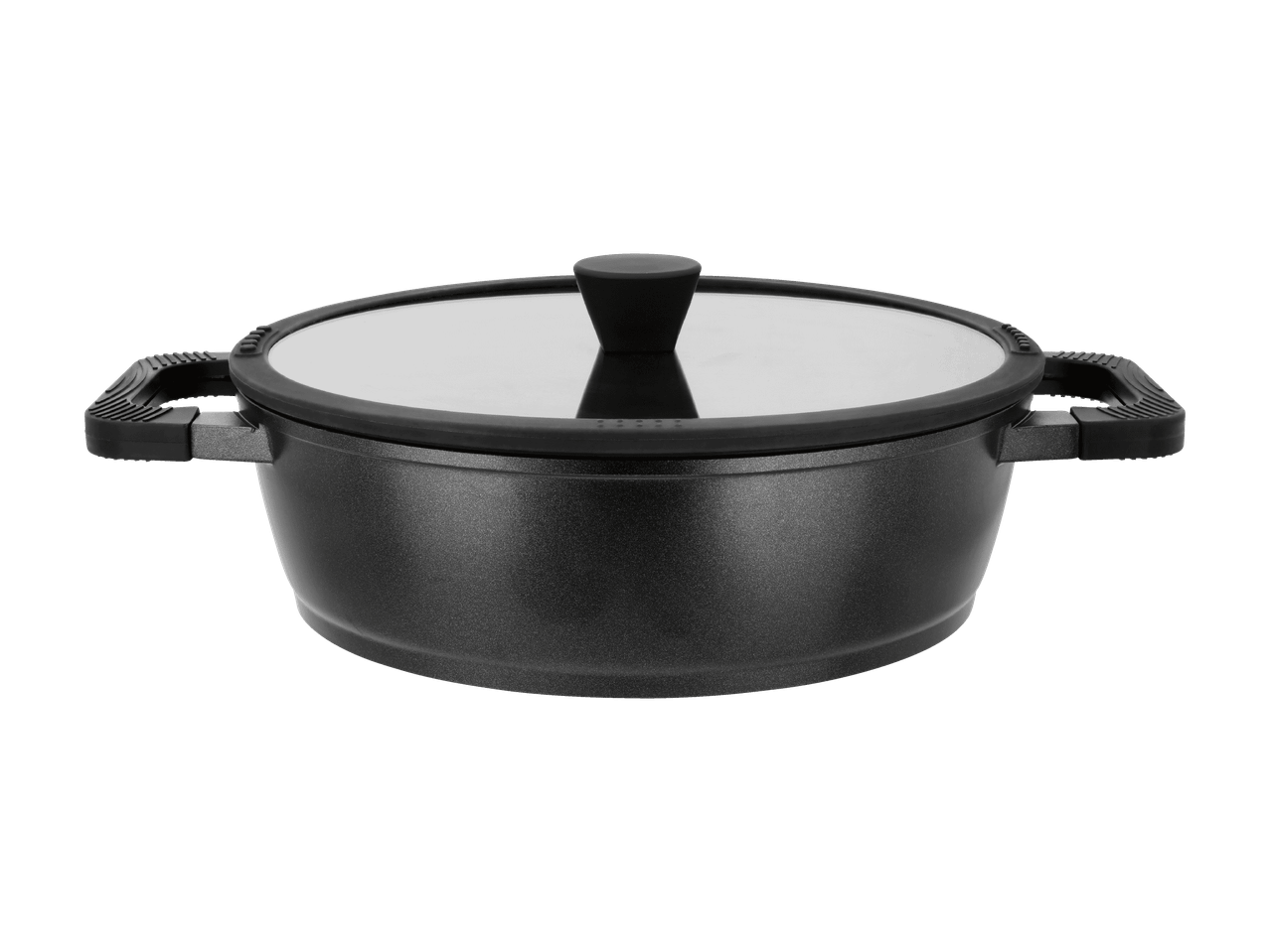 Sort gryde med glaslåg og sorte håndtag