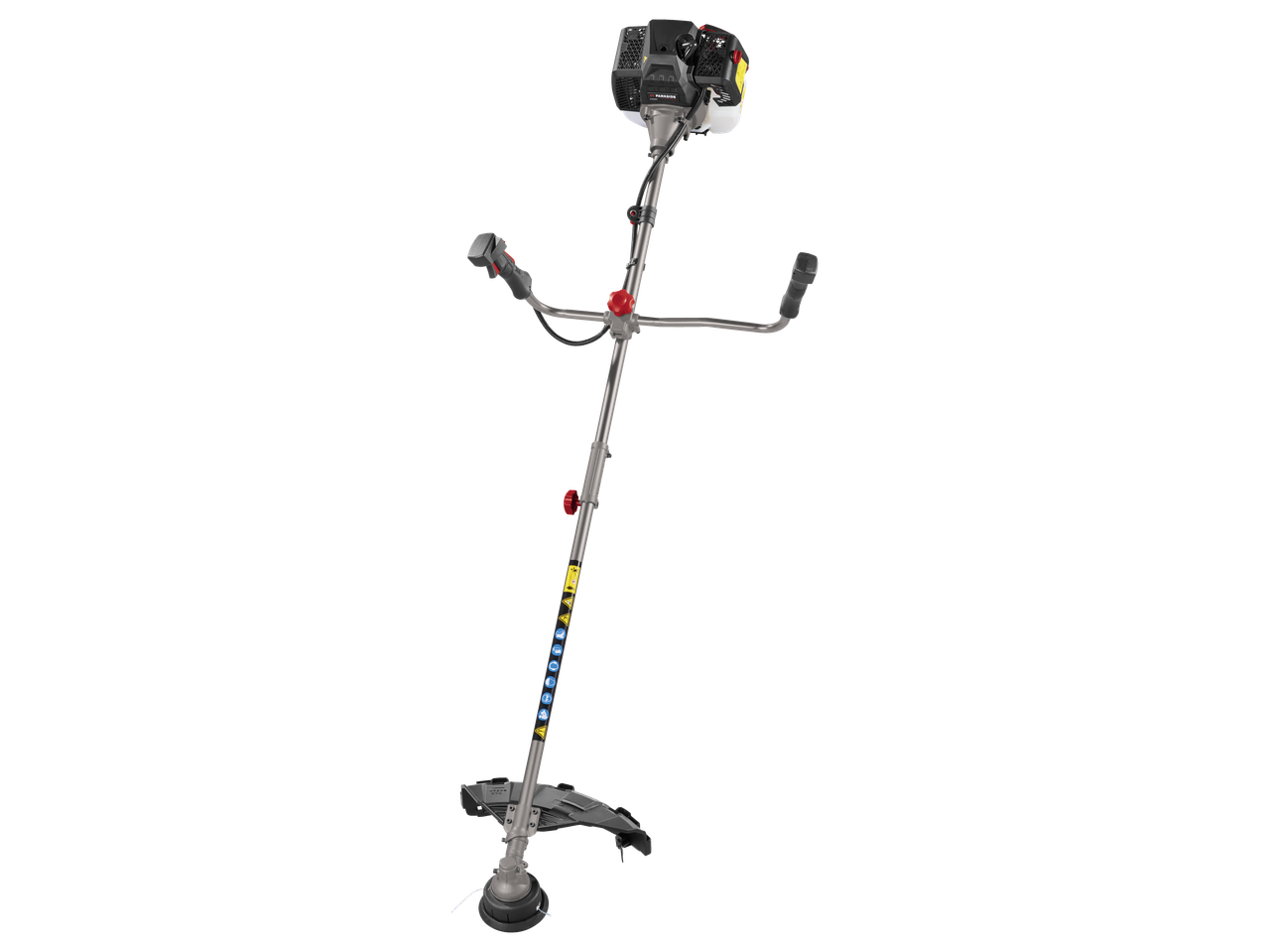 Motocoasă pe benzină cu motor în doi timpi, mâner reglabil și apărătoare de siguranță.