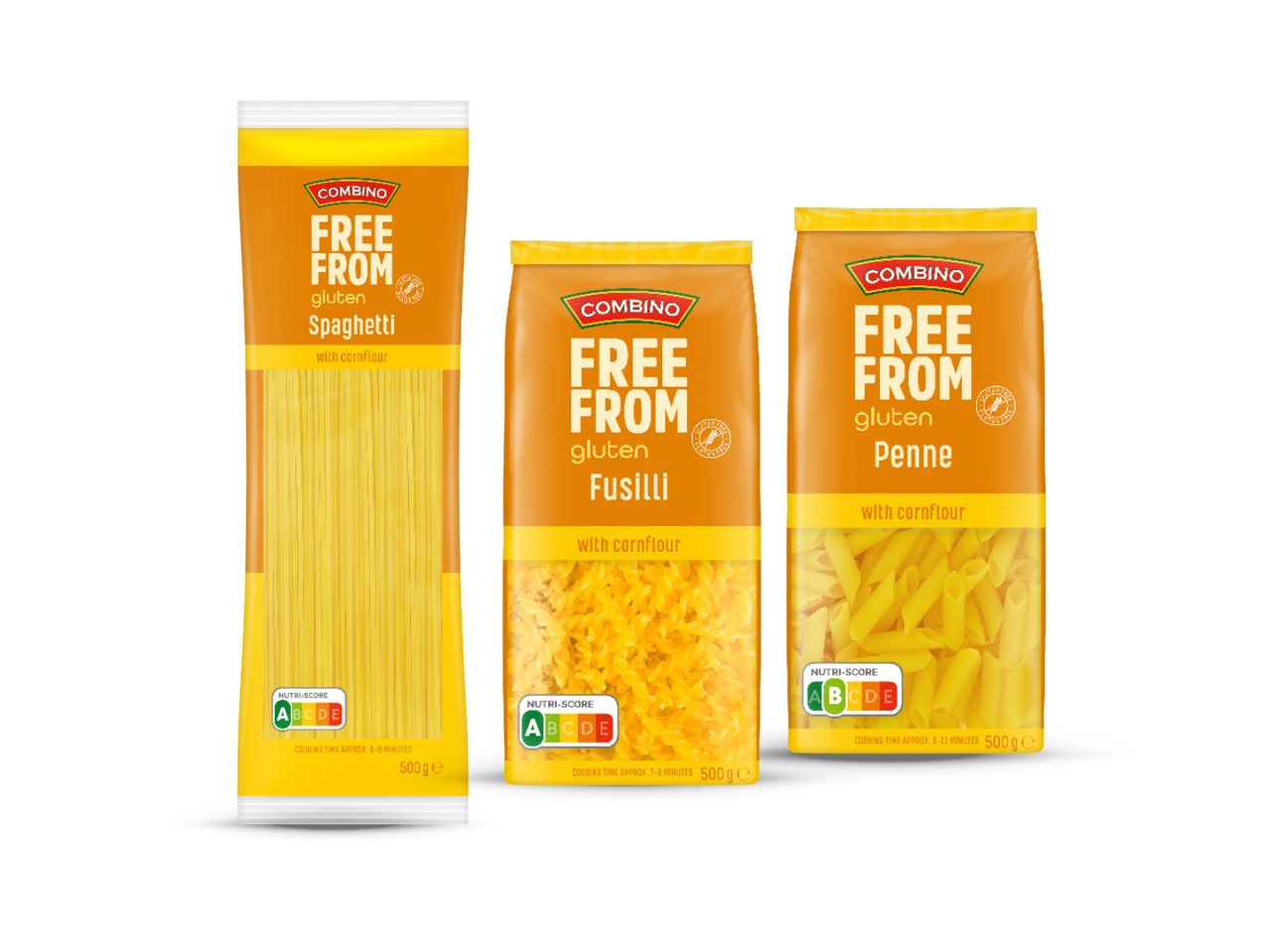 Tri pakiranja Combino tjestenine bez glutena: špageti, fusilli i penne.