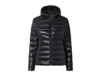 Black shiny puffer jacket with a hood and zipper.