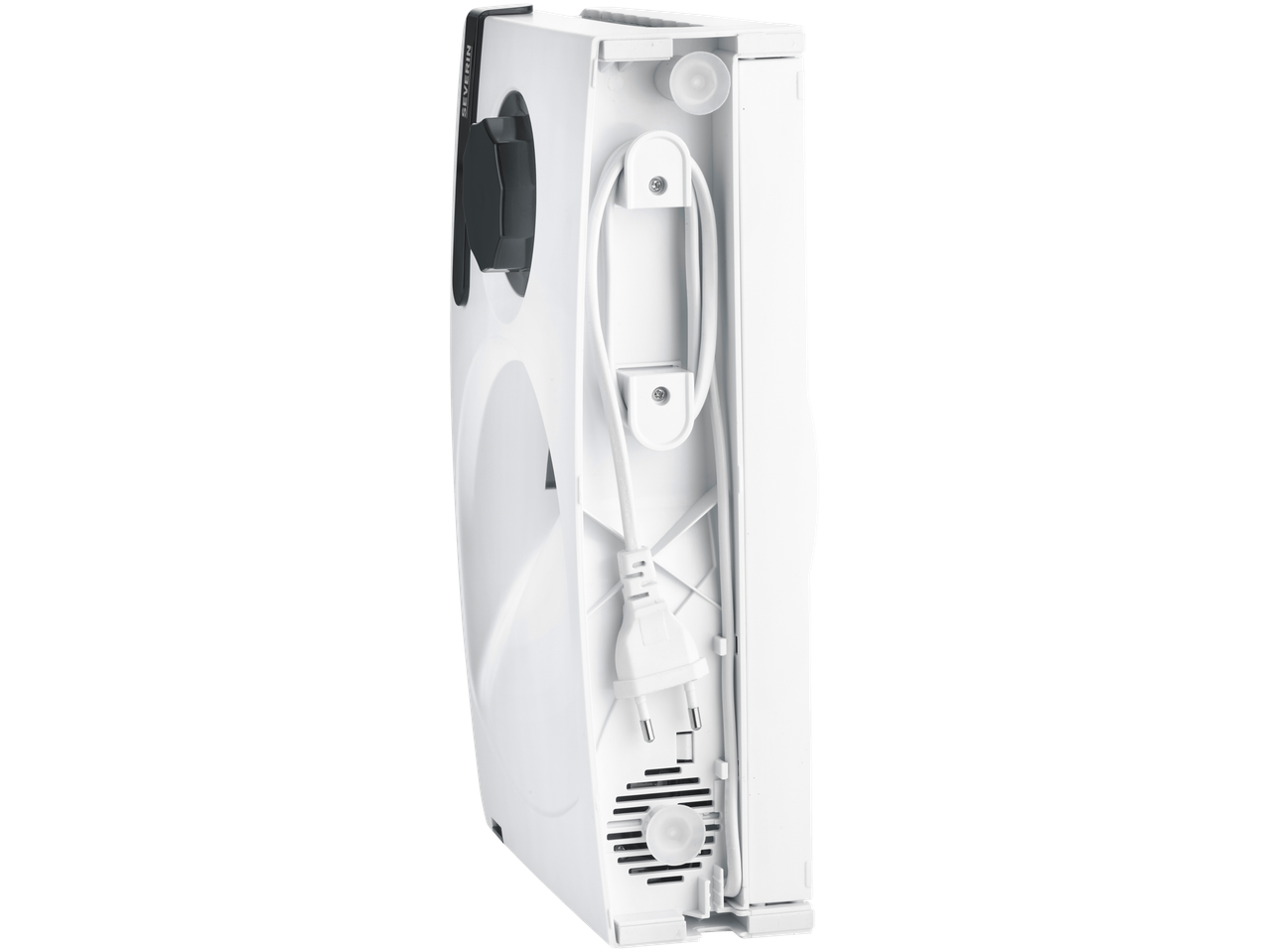 Storcator de fructe si legume Severin, alb, cu depozitare cablu pe spate.