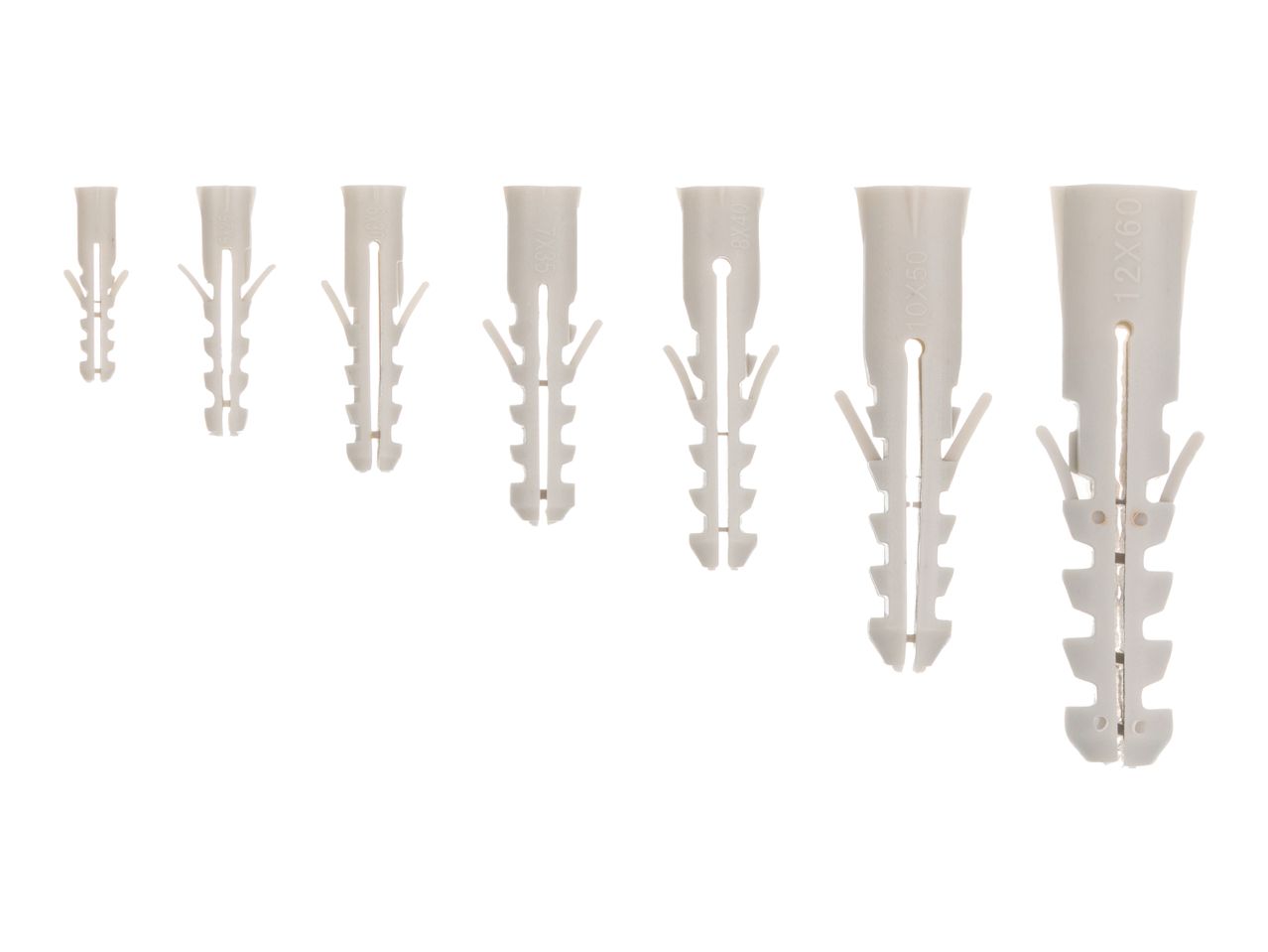 Seven white plastic wall plugs of varying sizes, from 5x25 to 12x60, arranged in a row.