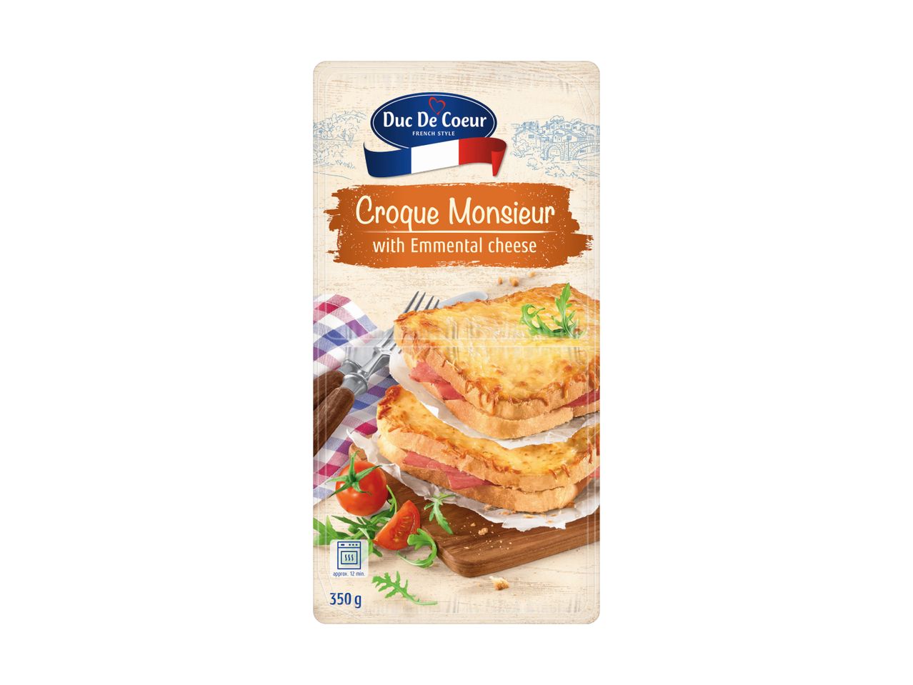 Croque Monsieur with Emmental cheese, 350g, French style, approx. 12 min cooking time.
