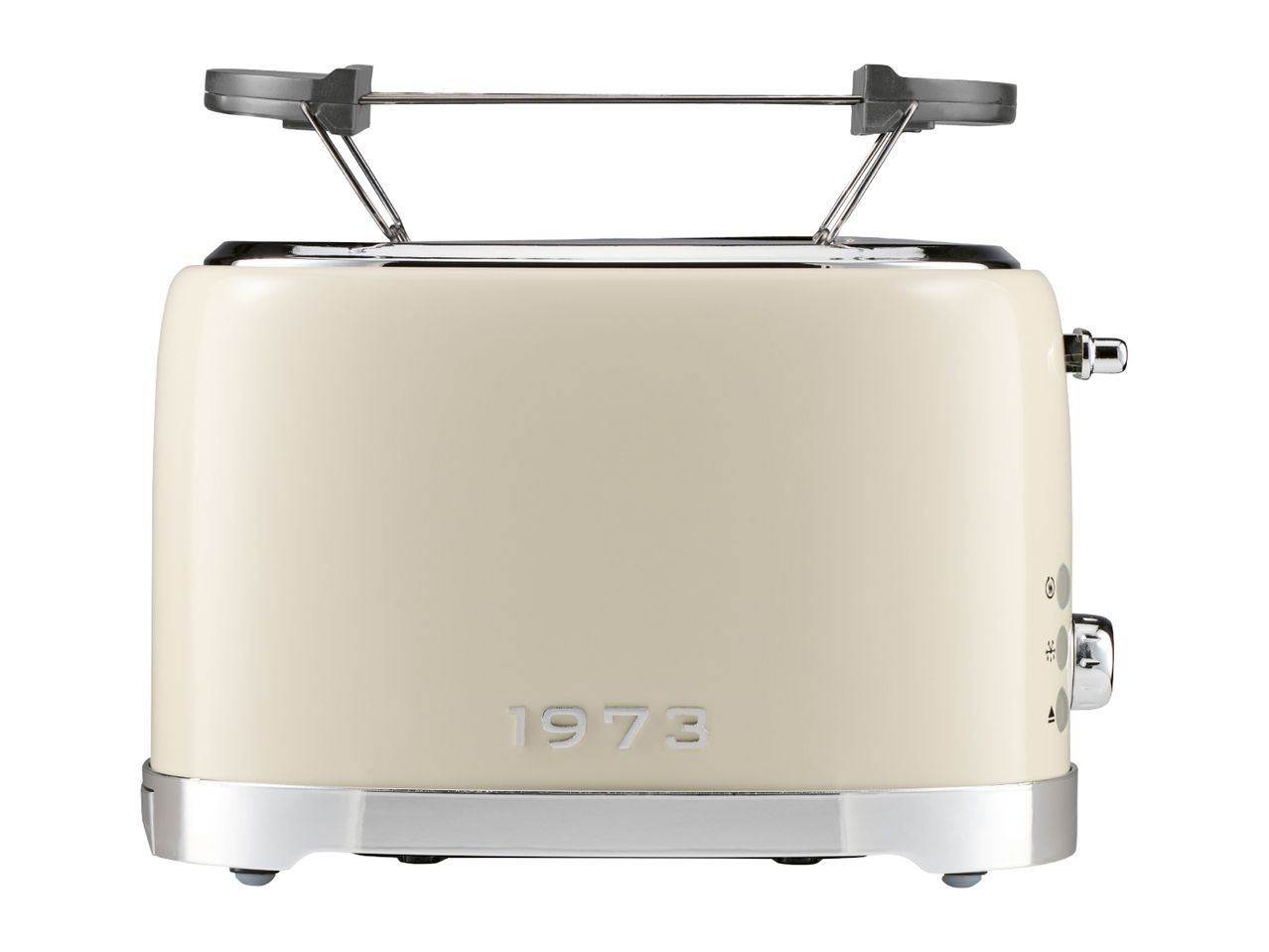 Cream retro toaster with chrome accents and a warming rack, featuring '1973' embossed.