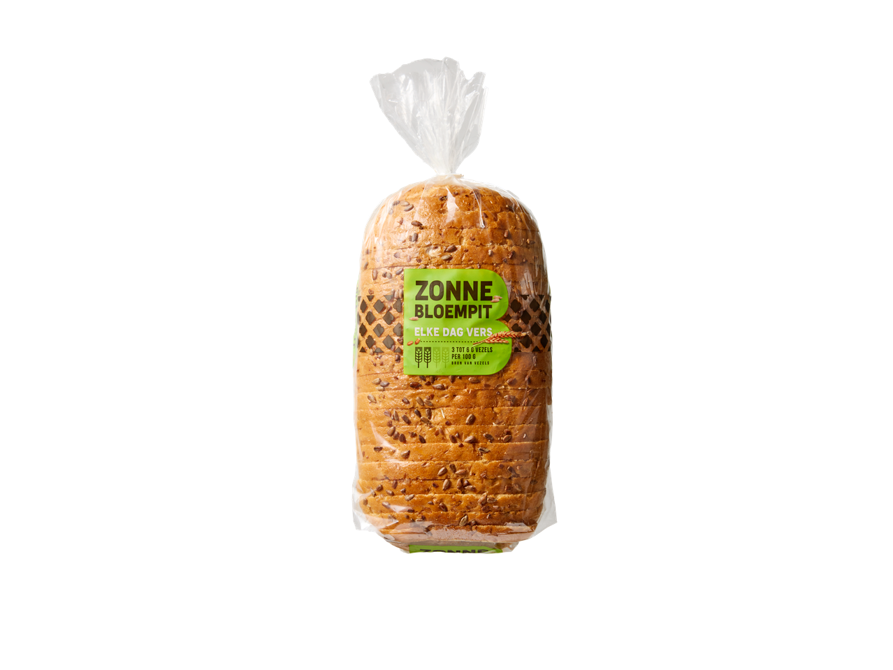 Gesneden Zonnebloempit brood in plastic verpakking.