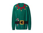 Green elf-themed Christmas jumper with red collar, yellow pom-poms, black belt, and candy cane.