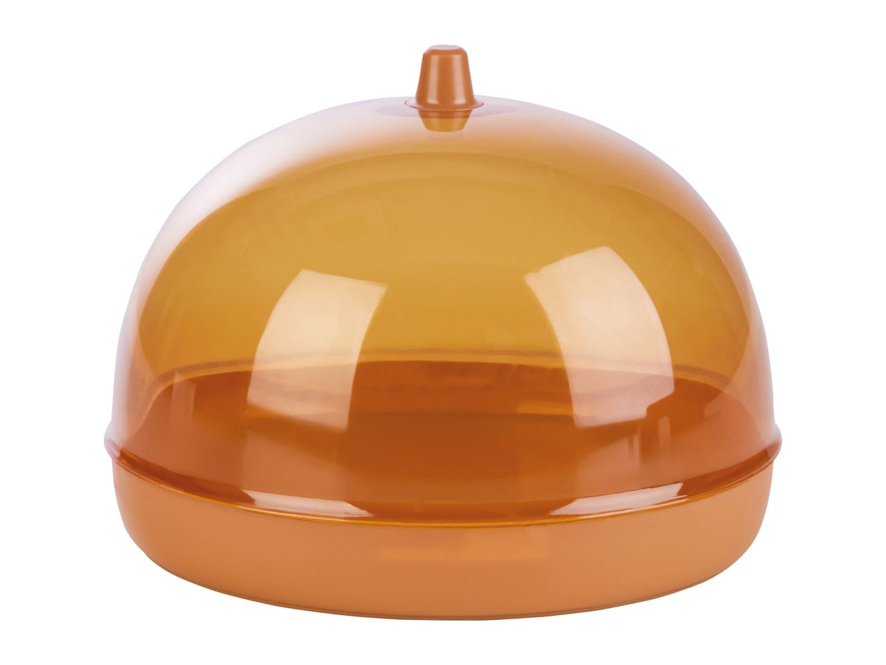 Amber plastic dome food cover with a base.