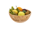 Дървена купа с грозде, лимони, круши, портокал, сливи, киви и ябълка.