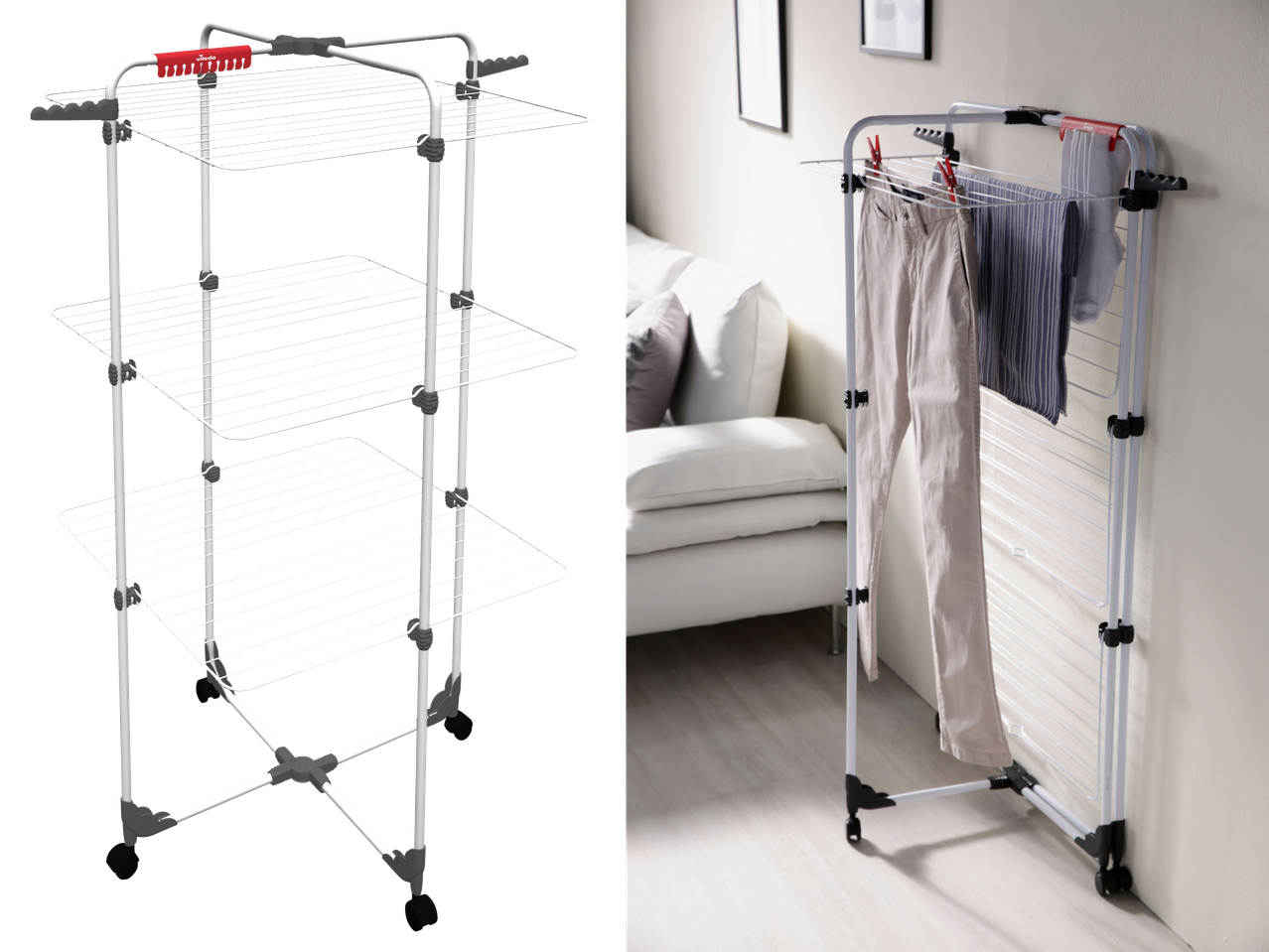 Сушилник за дрехи Vileda, показан празен и с дрехи в стая.