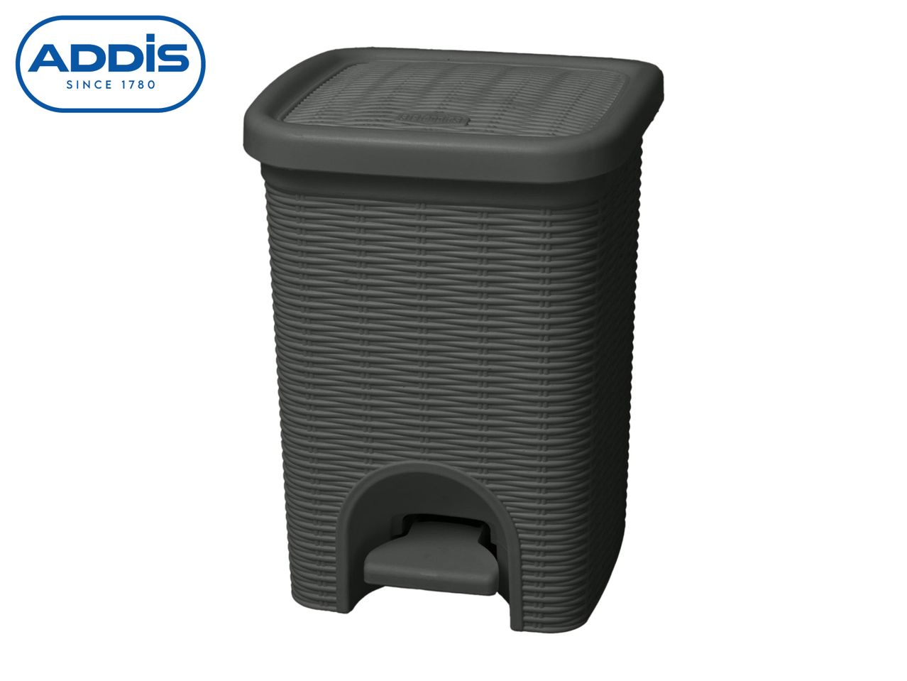 A dark grey Addis step-on trash can.