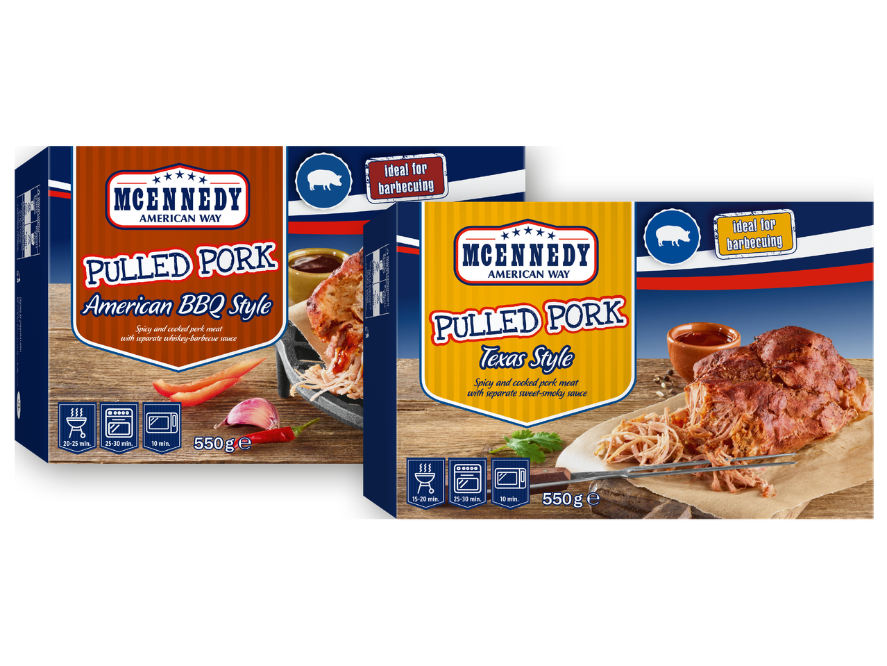 Two MCENNEDY Pulled Pork packages, American BBQ Style and Texas Style, with cooking instructions.