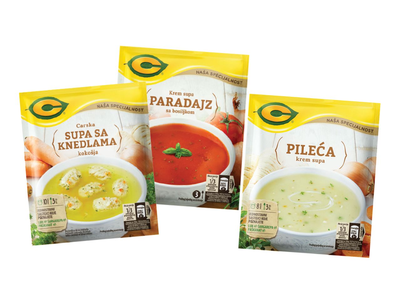 Tri kesice supe C marke: paradajz, pileća i carska sa knedlama.