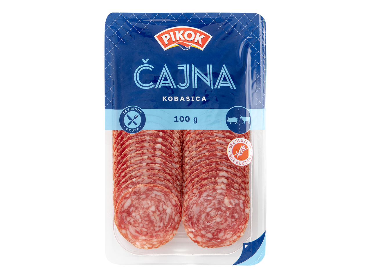 Pakiranje narezane čajne kobasice od 100 g, bez glutena, s plavom etiketom.