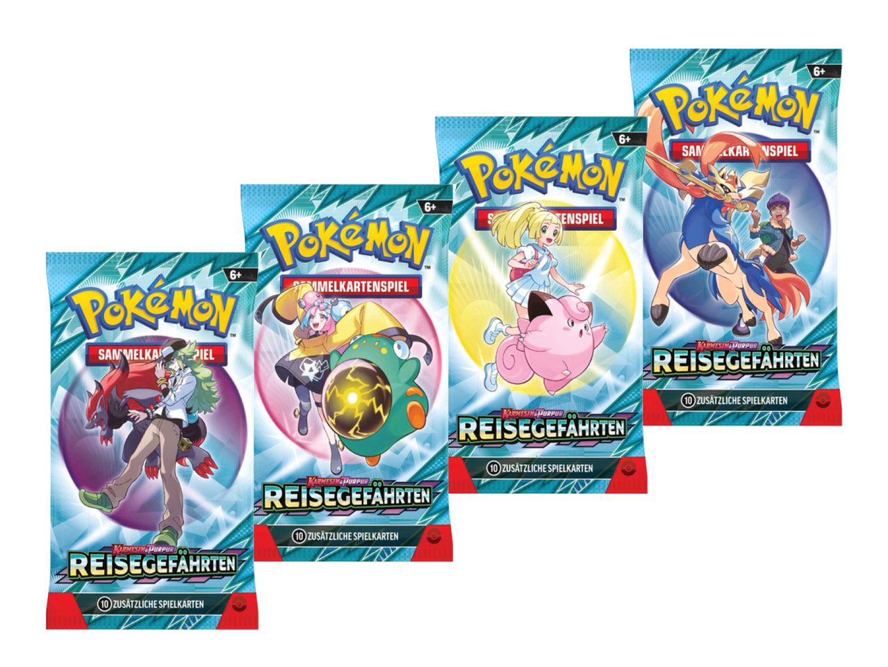 Vier Pokémon Sammelkarten-Boosterpacks mit verschiedenen Charakteren und dem Schriftzug 'Reisegefährten'.