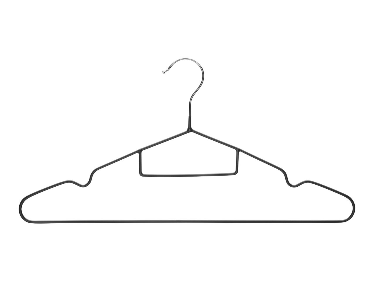 A black wire clothes hanger with a hook at the top.