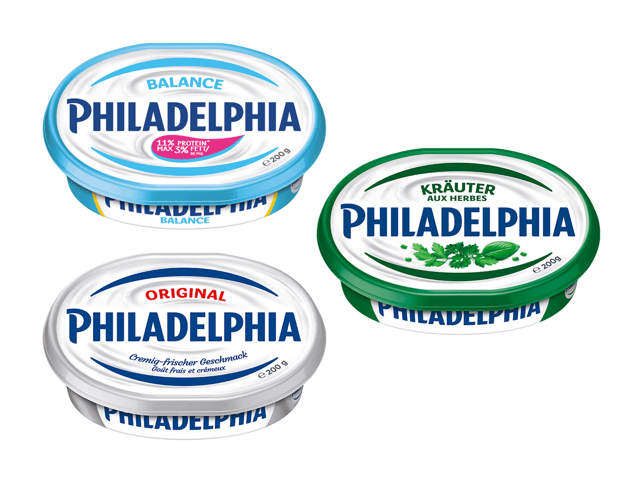 Trois pots de fromage frais Philadelphia : Original, Balance et aux Herbes.